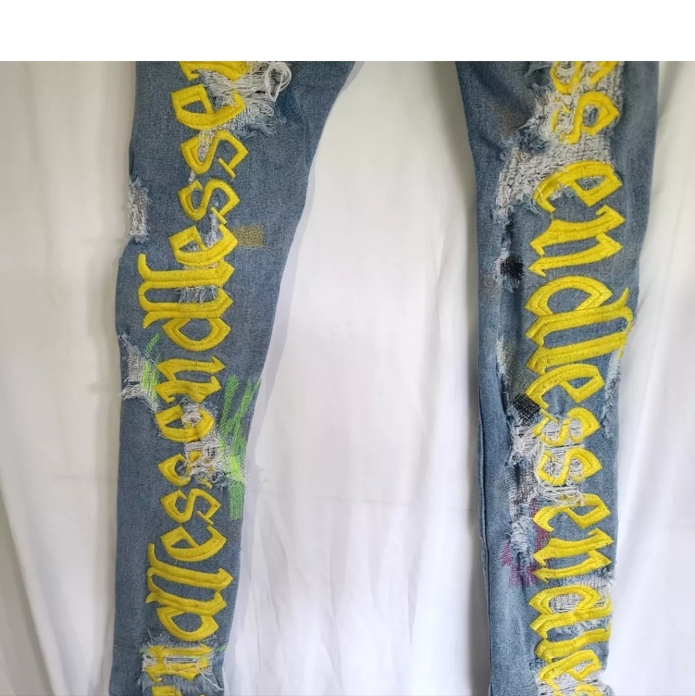 Endless Mens Designer Destroyed Embroidered Applique Skinny Jeans 31 X 31 - Picture 6 of 8